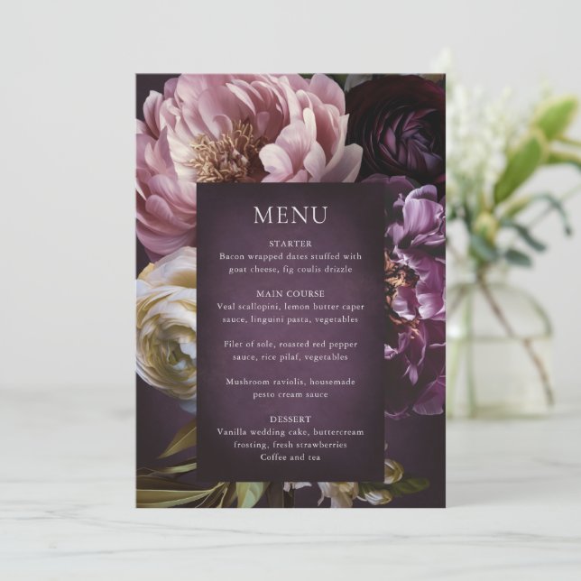 Menu Casamento Floral Roxo Maximalista Elegante (Em pé/Frente)