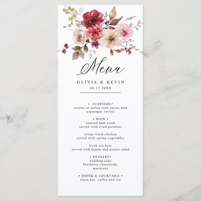 Menu Casamento Floral Russo Rosa-Rosa Maroon (Frente)