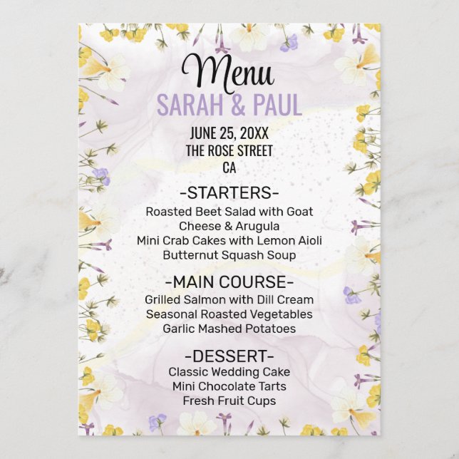 Menu Casamento Floral Selvagem Lavanda e Amarelo (Frente)