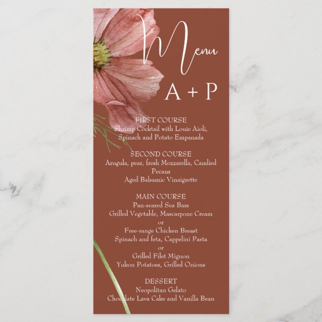 Menu Casamento Floral Simples em Aquarela Terracota (Frente)