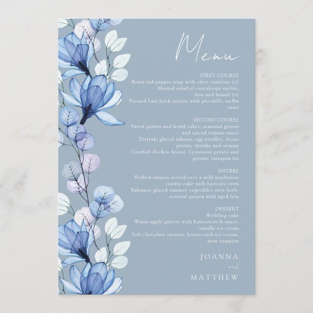 Menu Casamento Floral Transparente Azul Empoeirado (Frente)