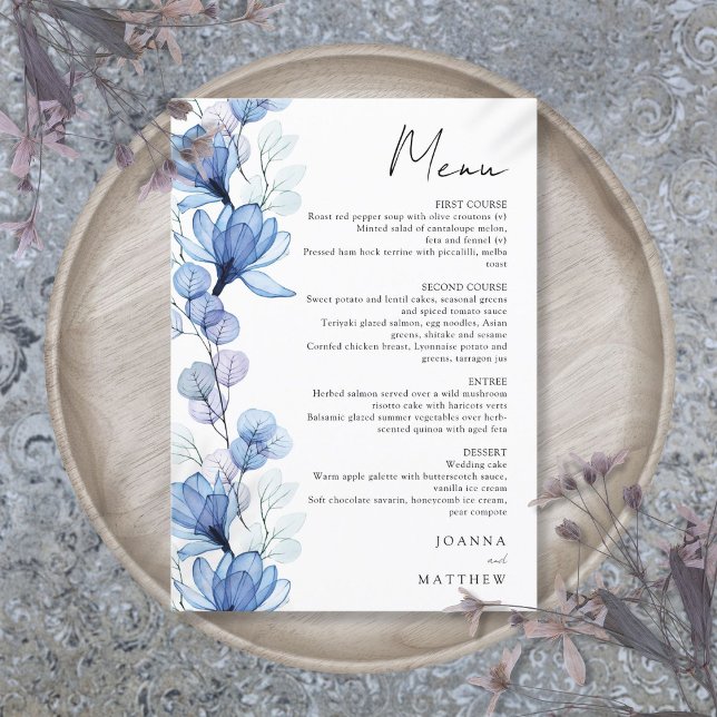 Menu Casamento Floral Transparente Azul Moderno (Modern Blue Transparent Floral Wedding Menu)