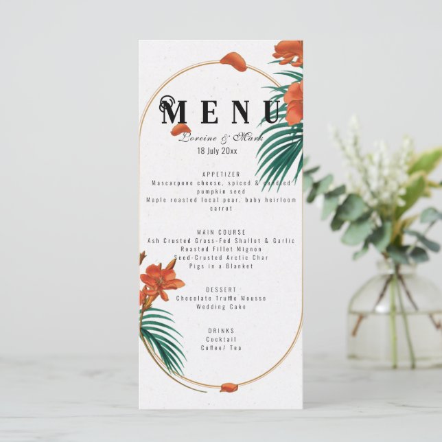 Menu Casamento Floral Tropical Elegante (Em pé/Frente)