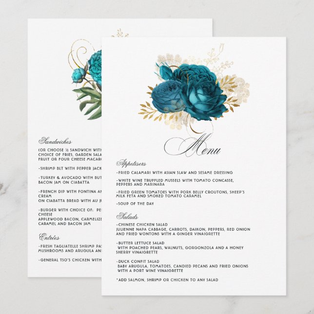 Menu Casamento Floral Turquesa e Dourado (Frente/Verso)