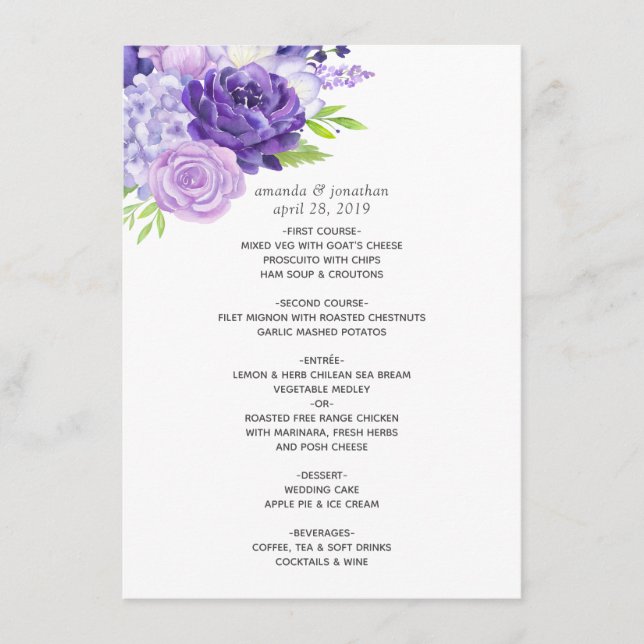 Menu Casamento Floral Ultra Violet Watercolor (Frente)