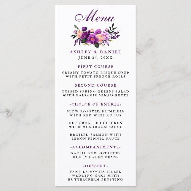 Menu Casamento Floral Ultra Violeta Roxo (Frente)