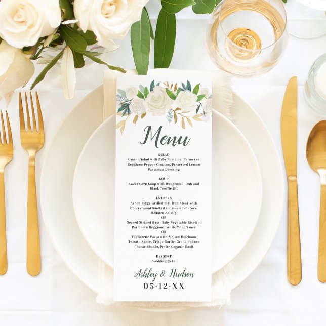 Menu Casamento Floral Verde Dourado Creme Rústico (Criador carregado)