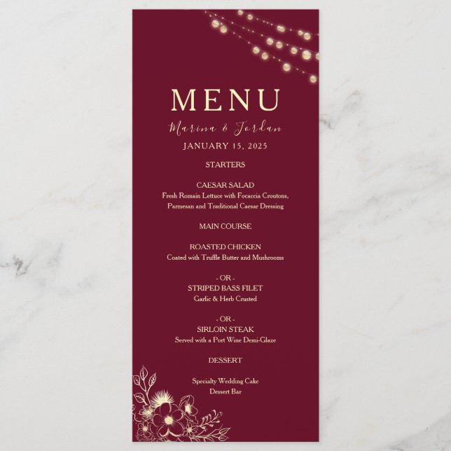 Menu Casamento Floral Vermelho Borgonha (Frente)