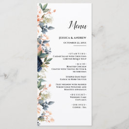 Menu casamento floral vermelho e azul-marinho moderno