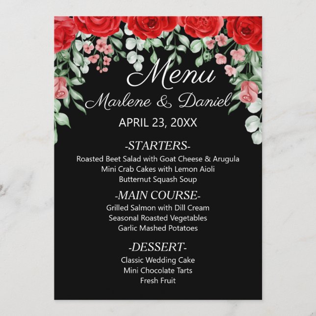 Menu Casamento Floral Vermelho E Negro Elegante (Frente)