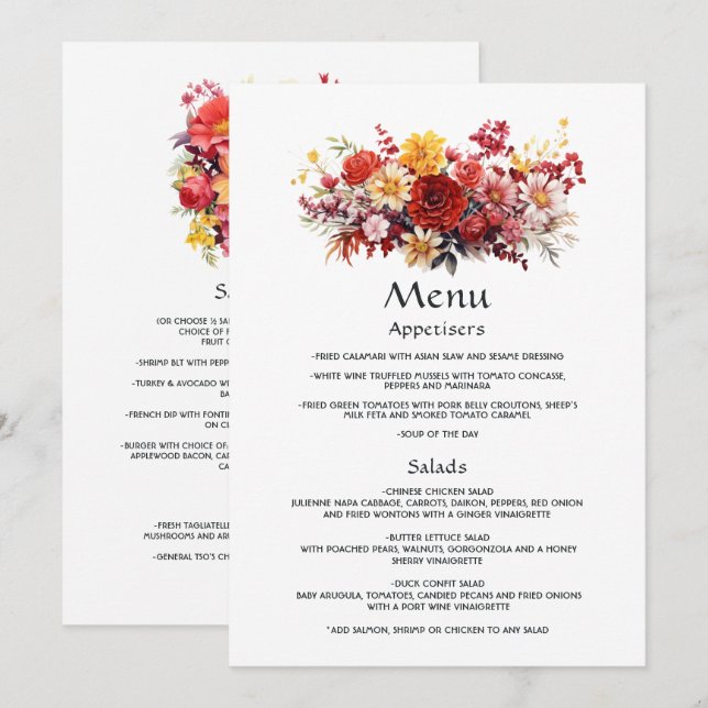 Menu Casamento Floral Vermelho Luscioso (Frente/Verso)