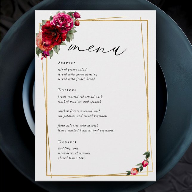 Menu Casamento floral vermelho rosa chique e dourado fa (Criador carregado)