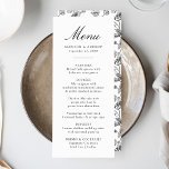 Menu Casamento Floral Vitoriano da Chinoiserie Negra El<br><div class="desc">Crie uma experiência fantástica de jantar com o nosso menu de casamento Floral de Chinoiserie Negra Elegante. Apresentando uma elegante caligrafia preta em um fundo branco nítido, este menu personalizável permite que os casais adicionem seus nomes, data de casamento e ofertas de menu personalizadas. O verso mostra um lindo padrão...</div>