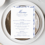 Menu Casamento Floral Vitoriano de Chinoiserie Azul Ele<br><div class="desc">Elevem sua recepção de casamento com nosso menu de casamento Floral de Chinoiserie Azul Elegante. Projetado com uma caligrafia azul graciosa em um fundo branco limpo, este menu é totalmente personalizável com seus nomes, data do casamento e detalhes do menu. O verso apresenta um lindo padrão floral Chinoiserie azul e...</div>