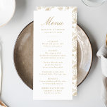 Menu Casamento Floral Vitoriano de Chinoiserie Dourada<br><div class="desc">Crie uma experiência fantástica de jantar com nosso menu de casamento Floral de Chinoiserie Dourada Elegante. Com elegante caligrafia dourada em um fundo branco nítido, este menu personalizável permite que os casais adicionem seus nomes, data de casamento e ofertas de menu personalizadas. As costas mostram um lindo padrão floral de...</div>