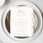 Menu Casamento Floral Vitoriano de Chinoiserie Dourada<br><div class="desc">Elevem sua recepção de casamento com nosso cardápio de casamento Floral de Chinoiserie Dourada Elegante. Projetado com uma caligrafia dourada em um fundo branco limpo, este menu é totalmente personalizável com seus nomes, data do casamento e detalhes do menu. O verso apresenta um lindo padrão floral de ouro e Chinoiserie...</div>