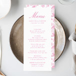 Menu Casamento Floral Vitoriano de Chinoiserie Rosa Ele<br><div class="desc">Crie uma experiência fantástica de jantar com nosso menu de casamento Floral de Chinoiserie Rosa Elegante. Apresentando uma elegante caligrafia rosa em um fundo branco nítido, este menu personalizável permite que os casais adicionem seus nomes, data de casamento e ofertas de menu personalizadas. O verso mostra um lindo padrão floral...</div>