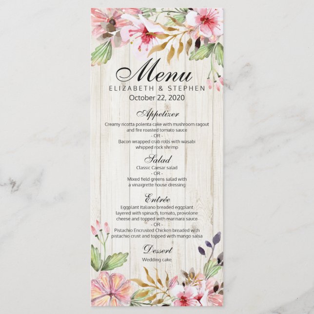 Menu Casamento Flores de Aquarela Rosa Rosa Flores (Frente)