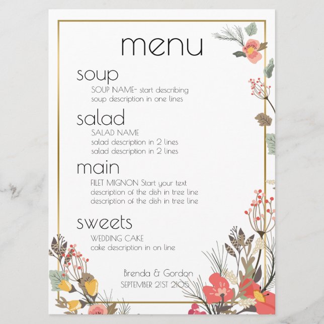 Menu Casamento-Flores e quadro Dourado (Frente)