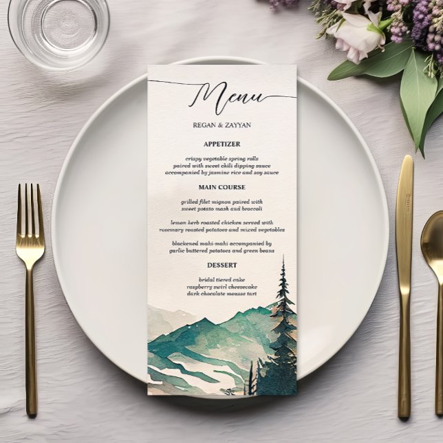 Menu Casamento Floresta de Pinheiros Montanhas Aquarela (Criador carregado)