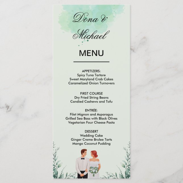 Menu Casamento fluído com aquarela verde personalizada (Frente)
