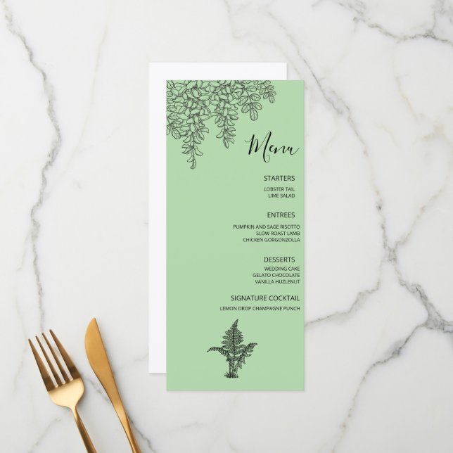 Menu Casamento Folha de Samambaia Verde Salvia (Frente/Verso In Situ)