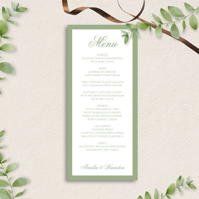 Menu Casamento Formal Clássico com Borda em Verde Sage  (Criador carregado)