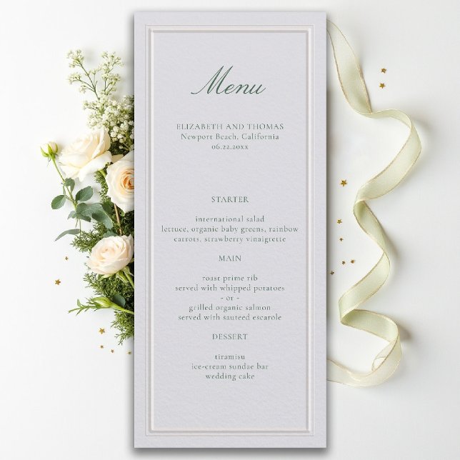 Menu Casamento Formal Clássico Verde Elegante Quadro Ma (formal wedding menu modern classic ivory double frame sage green calligraphy)