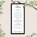 Menu Casamento Formal com Letra Elegante Preto e Branco<br><div class="desc">O layout limpo e minimalista realça o luxo, permitindo que cada prato do seu jantar brilhe. Ideal para casamentos de gala ou formais, este cardápio adiciona um toque sofisticado e elegante às configurações da sua mesa, garantindo que seus convidados tenham uma experiência gastronômica refinada que complementa a sofisticação do seu...</div>