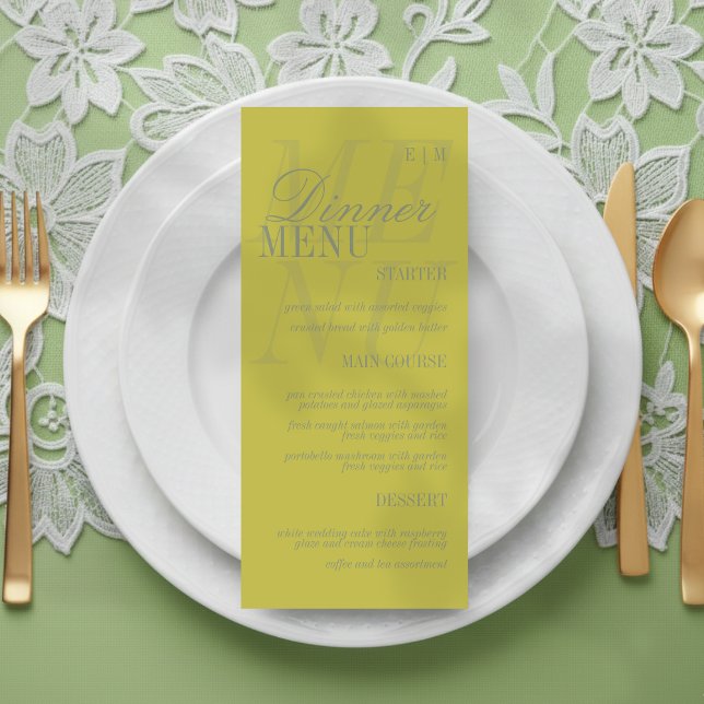 Menu Casamento Formal com Rótulo Chartreuse Moderno (Set the dinner tables of your big day with this Modern Script Citrus Green Formal Wedding Menu! )