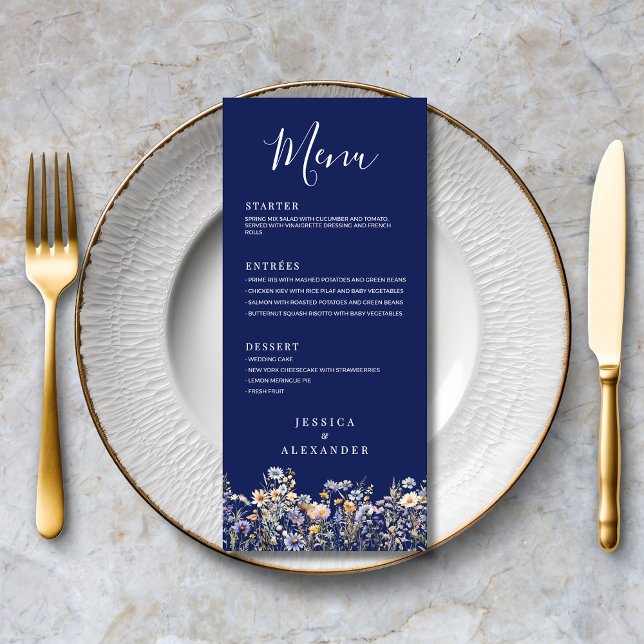 Menu Casamento Formal de Marinhos Elegantes de Azul (Dusty Blue Wildflowers Formal Elegant Navy Wedding Menu with Meny Options, Couple Names.)
