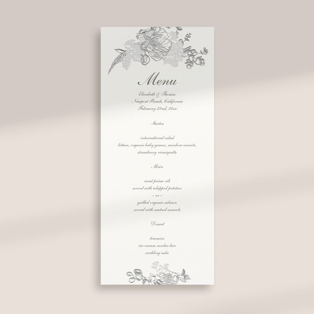 Menu Casamento Formal de Pérolas Clássicas de Peony Fau (formal traditional elegant calligraphy wedding menu card faux embossed peony pearl classic)