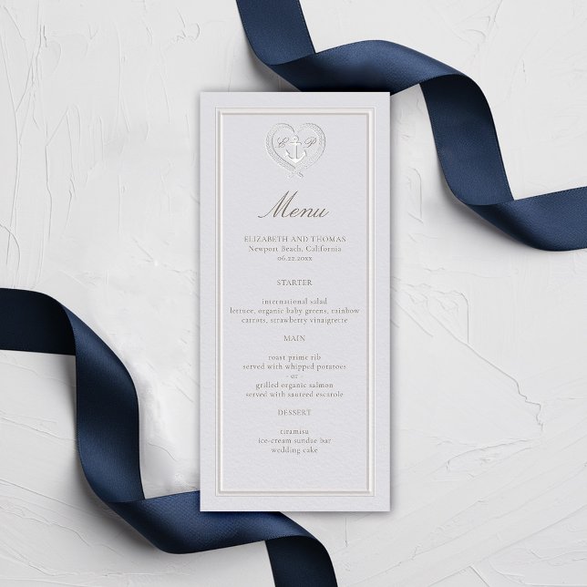 Menu Casamento Formal De Pistas De Âncora Náutica (nautical wedding menu card classic formal traditional frame faux embossed anchor crest monograms)