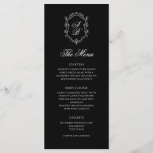 Menu Casamento Formal do Monograma Floral Branco e Pret