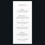 Menu Casamento Formal Elegante de Preto e Branco<br><div class="desc">Menu de casamento preto e branco elegante com um design simples e mínimo com o título em uma fonte serif tradicional e os cabeçalhos de curso em um roteiro elegante de caligrafia. Um estilo clássico que é perfeito para um casamento formal.</div>