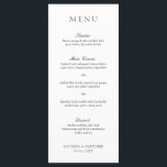 Menu Casamento Formal Elegante de Preto e Branco<br><div class="desc">Menu de casamento preto e branco elegante com um design simples e mínimo com o título em uma fonte serif tradicional e os cabeçalhos de curso em um roteiro elegante de caligrafia. Um estilo clássico que é perfeito para um casamento formal.</div>