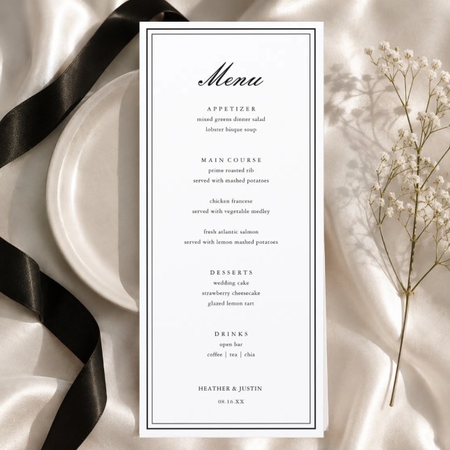 Menu Casamento Formal Elegante Preto e Branco (Criador carregado)