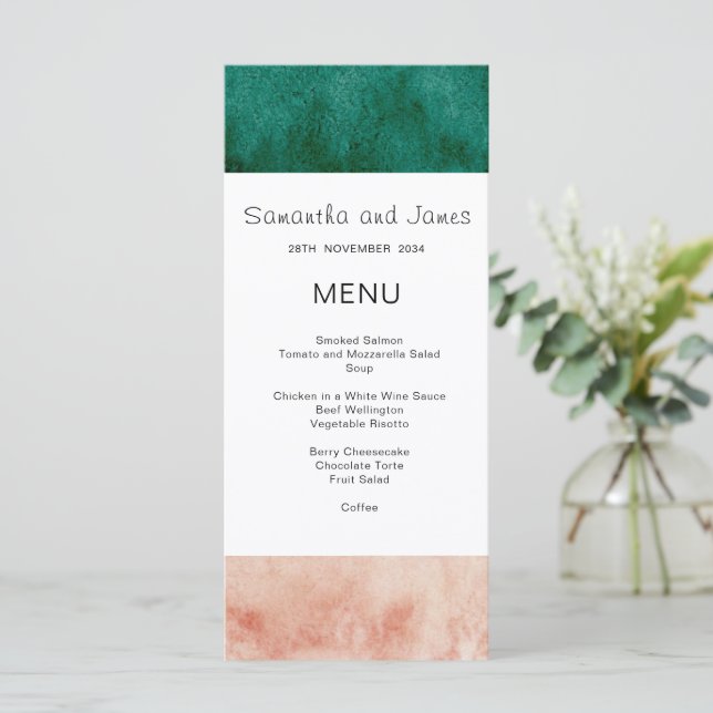 Menu Casamento Formal Moderno Rosa Bege Verde Aquarela (Em pé/Frente)