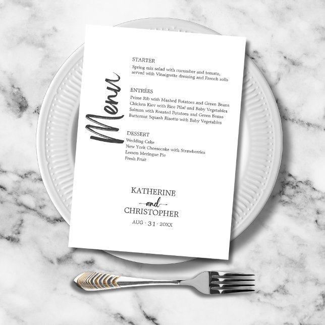 Menu Casamento Formal Preto de Script Negro e Branco El (Bold Black and White Vertical Script Wedding Menu with Menu Choices for each course.)