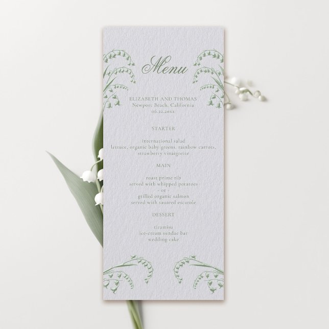 Menu Casamento Formal Verde Embossed Lily Valley Faux (formal wedding menu card classic traditional faux embossed lily of the valley frame ivory green)