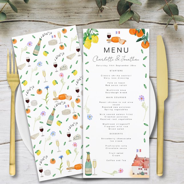 Menu Casamento Francês Boho de Limão e Laranja (Lemon and orange french chateau citrus boho wedding menu watercolor )