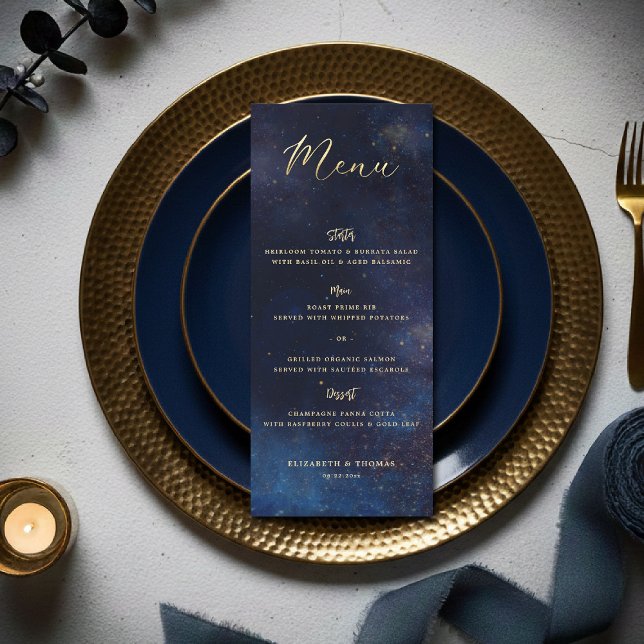 Menu Casamento Galáxia Celestial Noite Estrelada Azul M (celestial galaxy wedding menu watercolor navy blue starry night written in the stars)