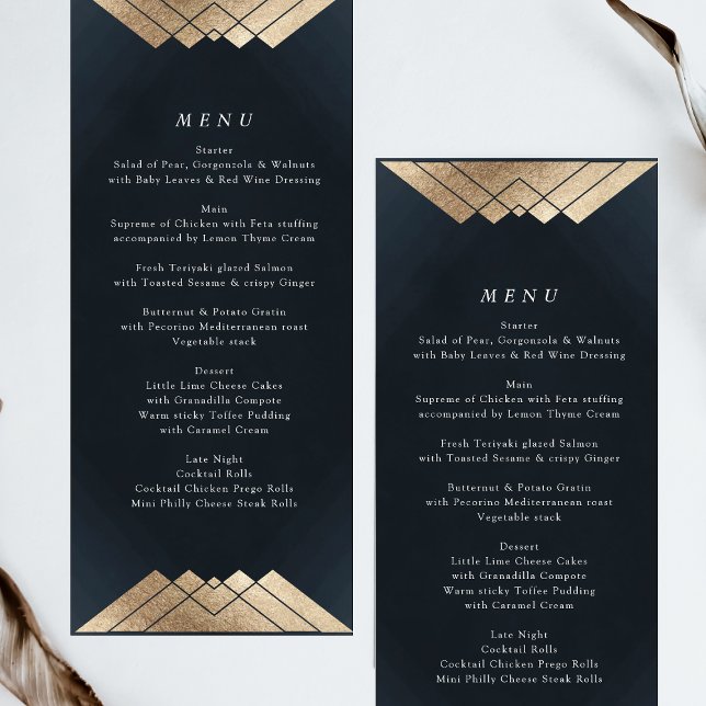 Menu Casamento Gatsby Dourado Azul-Marinho Geométrico (Criador carregado)