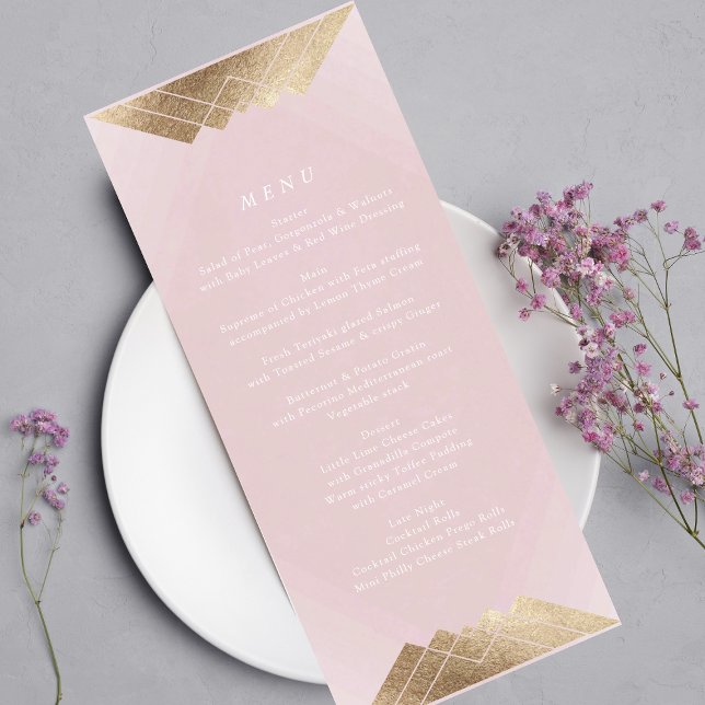 Menu Casamento Gatsby Dourado Gométrico com Rosa Rosa (Criador carregado)