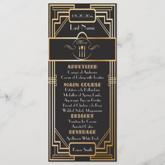 Menu Casamento Gatsby Preto e Dourado Personalizado - A (Frente)