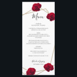 Menu Casamento Geométrico de Rosas vermelhas Elegante<br><div class="desc">Este design apresenta rosas vermelhas elegantes combinadas com uma estrutura geométrica de cor dourada. O quadro geométrico dourado é rodeado por rosas vermelhas de safra. O reverso exibe o obrigado que você envia com cor vermelha profunda dos rosas no plano de fundo. A combinação de cores vermelha, preta e dourada...</div>