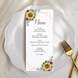 Menu Casamento Geométrico de Sunflower Burgundy<br><div class="desc">Estes elegantes menus de casamento apresentam um design floral de cor d'água com rosas burgundy e borda geométrica falsa de ouro. Personalize o texto com seus nomes e menu. Produtos correspondentes também disponíveis.</div>