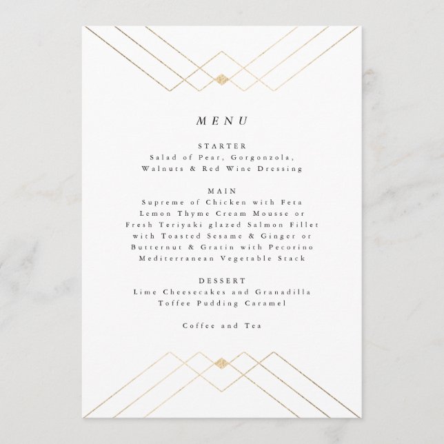 Menu Casamento Geométrico Deco Gatsby Dourado com Branc (Frente)