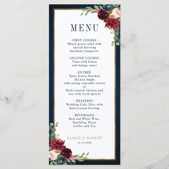 Menu Casamento Geométrico Dourado com Blush Azul-marinh (Frente)