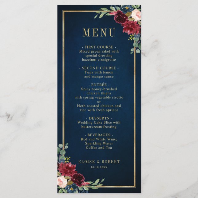 Menu Casamento Geométrico Dourado com Blush Azul-marinh (Frente)